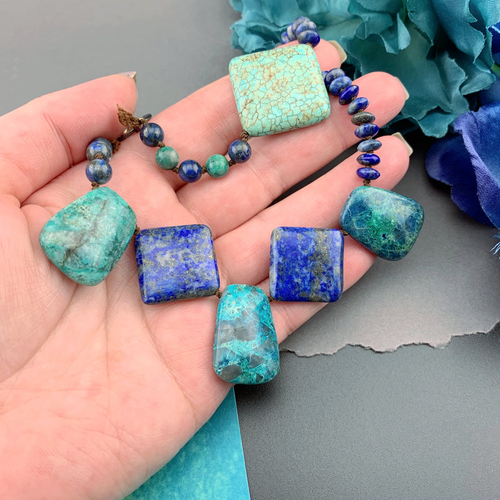 One Of A Kind Silk Knotted Lapis Lazuli, Chrysocolla and Turquoise Gemstone Candy Necklace