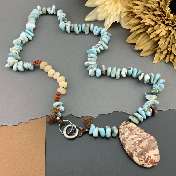 One Of A Kind Silk Knotted Larimar, Jasper and Aventurine Gemstone Candy Necklace
