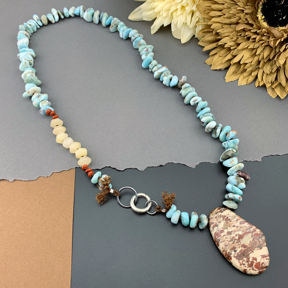 One Of A Kind Silk Knotted Larimar, Jasper and Aventurine Gemstone Candy Necklace