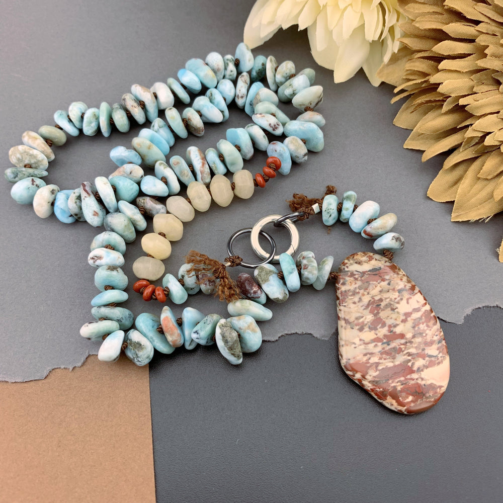 One Of A Kind Silk Knotted Larimar, Jasper and Aventurine Gemstone Candy Necklace