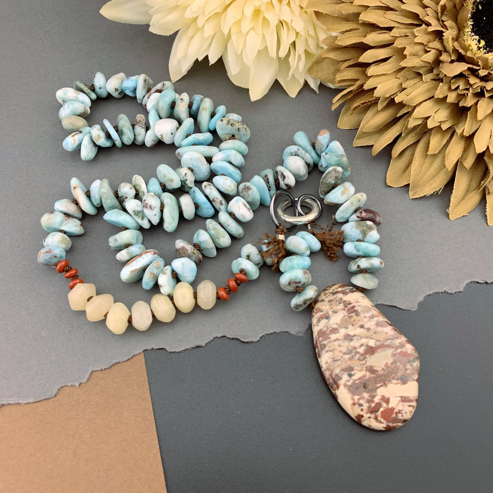 One Of A Kind Silk Knotted Larimar, Jasper and Aventurine Gemstone Candy Necklace
