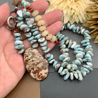 One Of A Kind Silk Knotted Larimar, Jasper and Aventurine Gemstone Candy Necklace