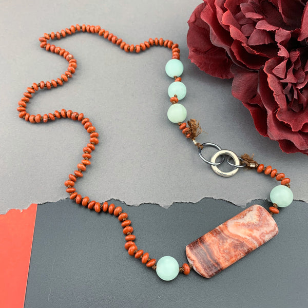 One Of A Kind Silk Knotted Red Jasper and Amazonite Gemstone Candy Necklace