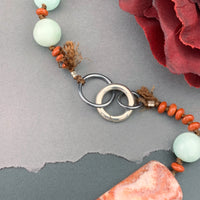 One Of A Kind Silk Knotted Red Jasper and Amazonite Gemstone Candy Necklace