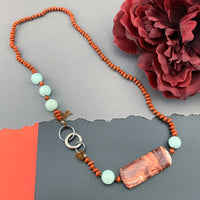 One Of A Kind Silk Knotted Red Jasper and Amazonite Gemstone Candy Necklace
