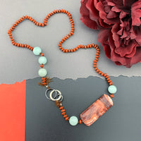 One Of A Kind Silk Knotted Red Jasper and Amazonite Gemstone Candy Necklace