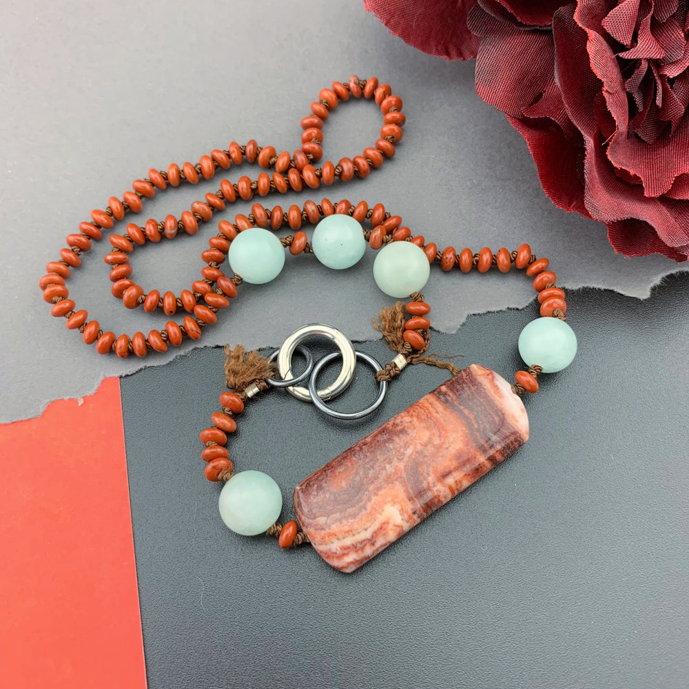 One Of A Kind Silk Knotted Red Jasper and Amazonite Gemstone Candy Necklace