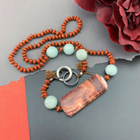 One Of A Kind Silk Knotted Red Jasper and Amazonite Gemstone Candy Necklace