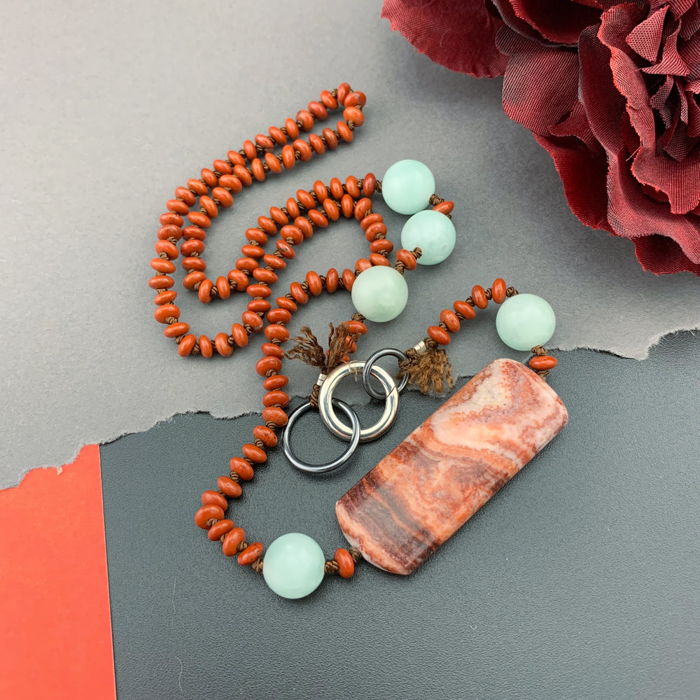 One Of A Kind Silk Knotted Red Jasper and Amazonite Gemstone Candy Necklace