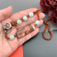 One Of A Kind Silk Knotted Red Jasper and Amazonite Gemstone Candy Necklace