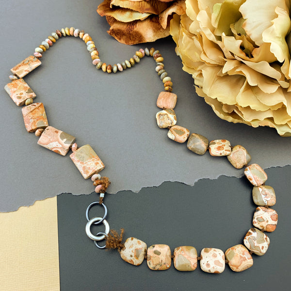 One Of A Kind Silk Knotted Rhyolite and Agate Gemstone Candy Necklace