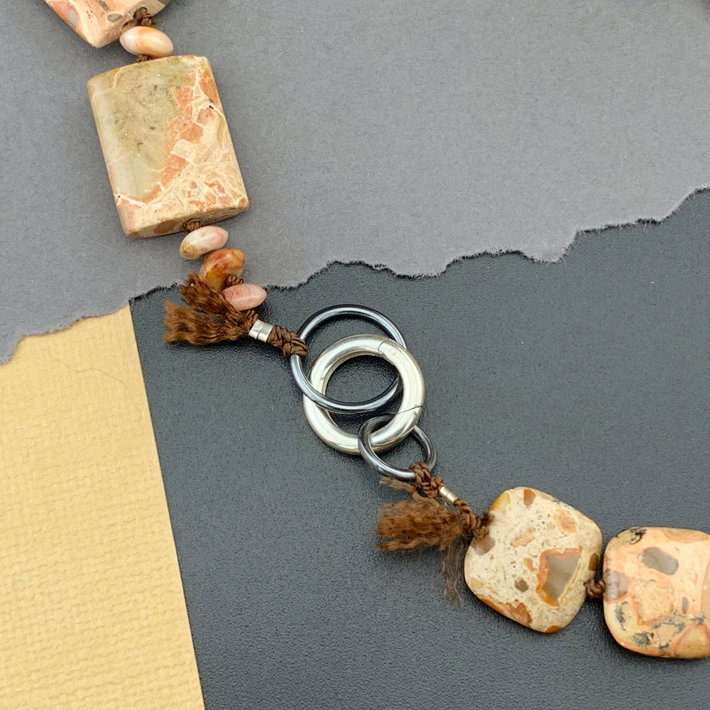 One Of A Kind Silk Knotted Rhyolite and Agate Gemstone Candy Necklace