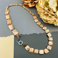 One Of A Kind Silk Knotted Rhyolite and Agate Gemstone Candy Necklace