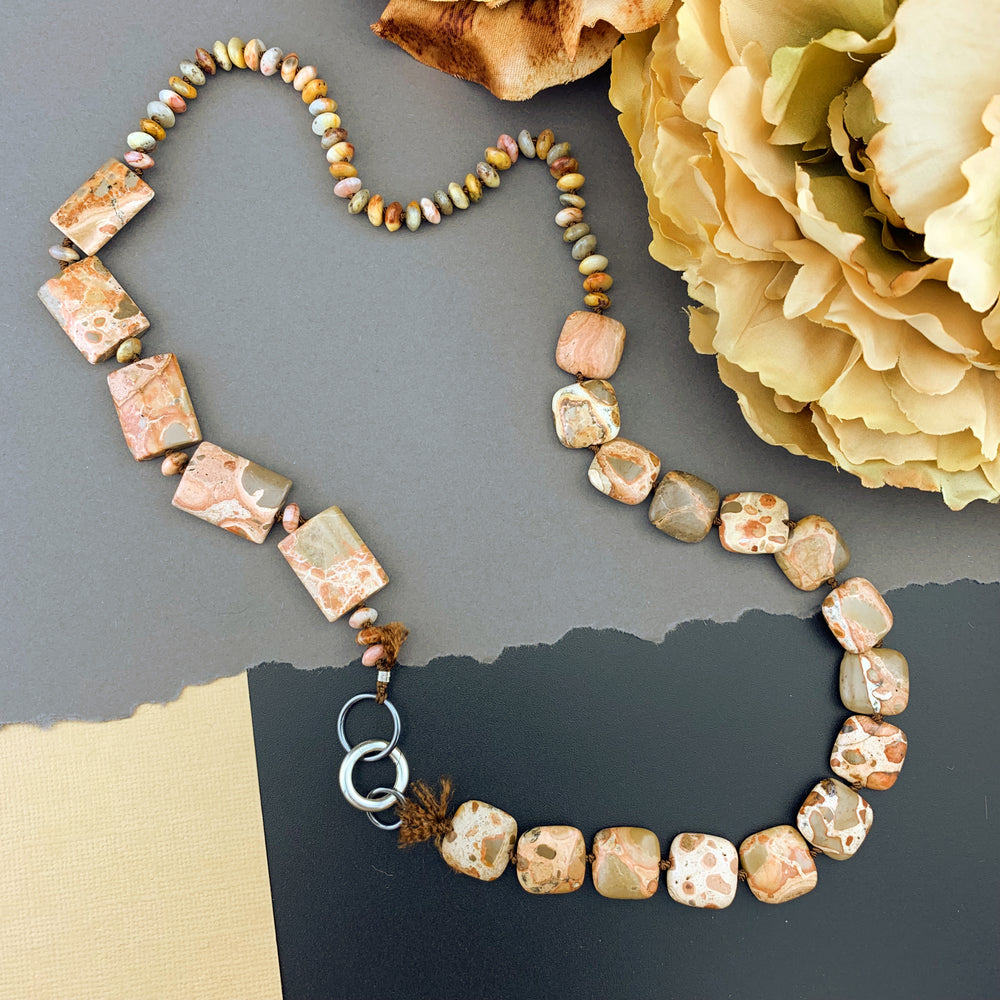 One Of A Kind Silk Knotted Rhyolite and Agate Gemstone Candy Necklace