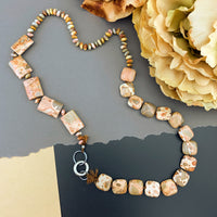 One Of A Kind Silk Knotted Rhyolite and Agate Gemstone Candy Necklace