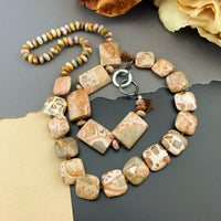 One Of A Kind Silk Knotted Rhyolite and Agate Gemstone Candy Necklace