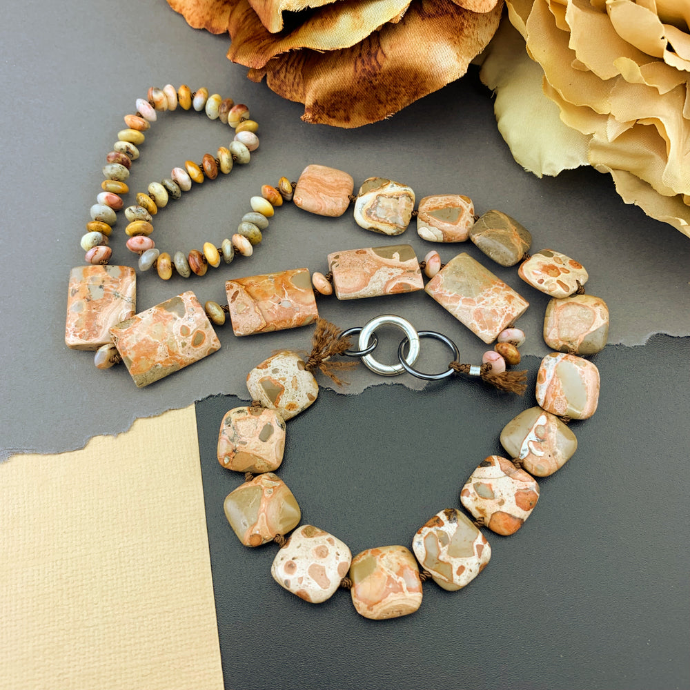 One Of A Kind Silk Knotted Rhyolite and Agate Gemstone Candy Necklace