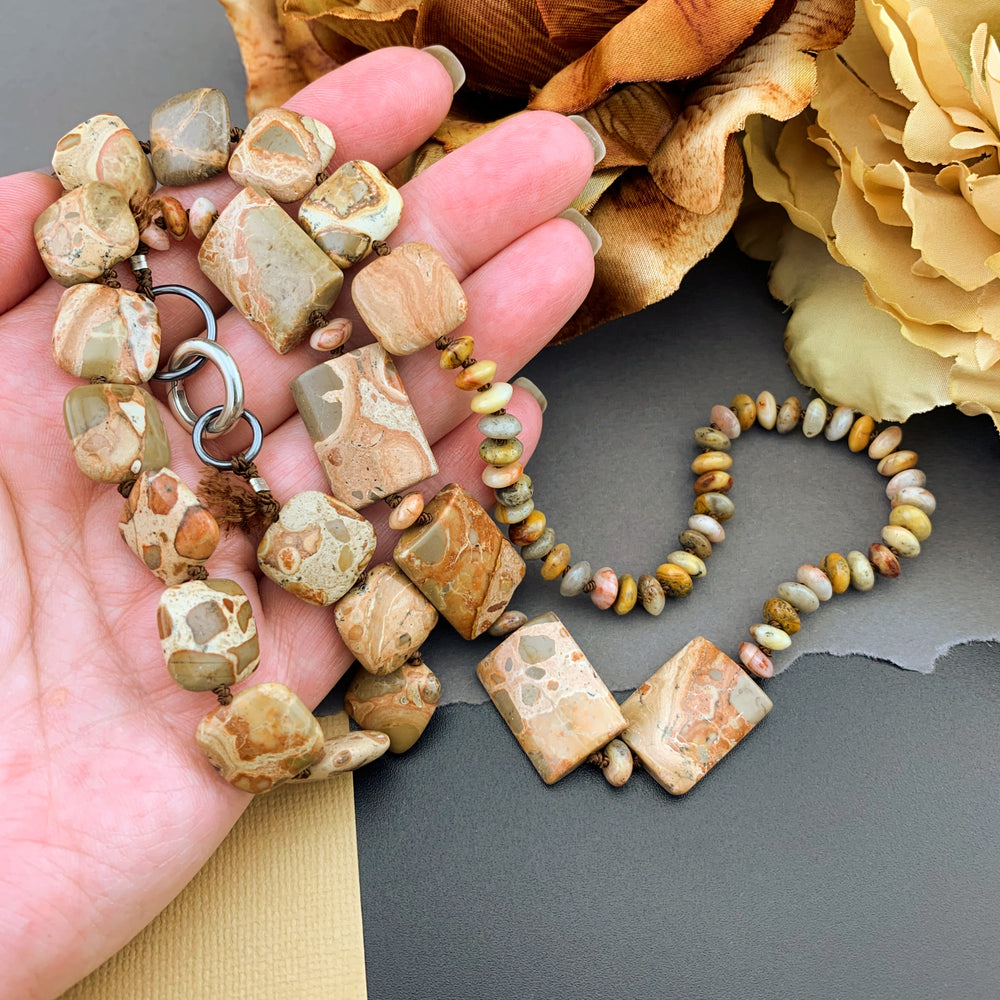 One Of A Kind Silk Knotted Rhyolite and Agate Gemstone Candy Necklace