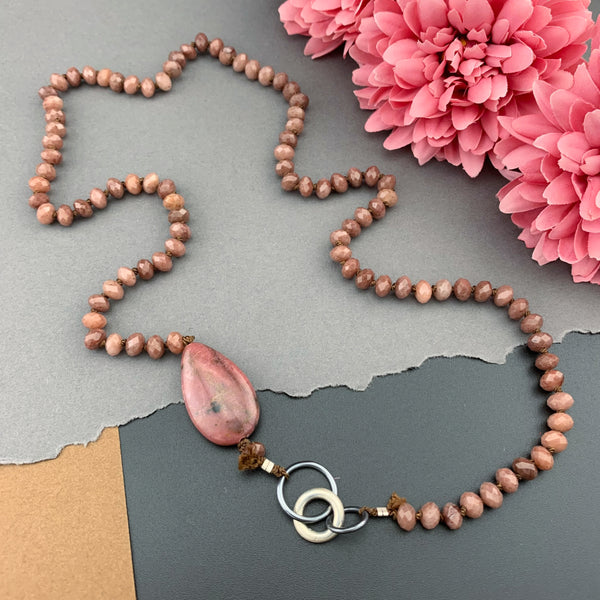 One Of A Kind Silk Knotted Ruby and Rhodonite Gemstone Candy Necklace