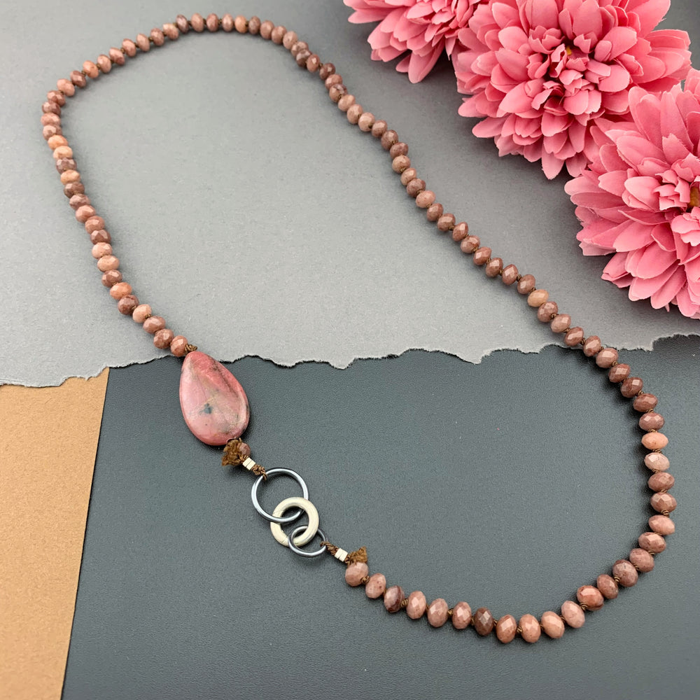 One Of A Kind Silk Knotted Ruby and Rhodonite Gemstone Candy Necklace