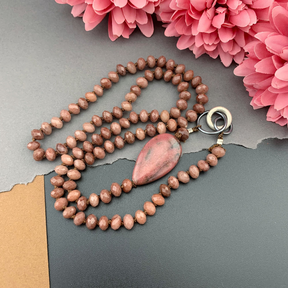 One Of A Kind Silk Knotted Ruby and Rhodonite Gemstone Candy Necklace