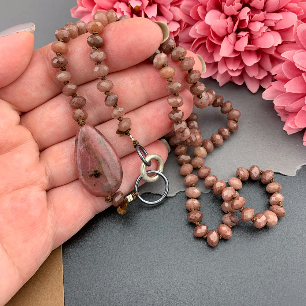 One Of A Kind Silk Knotted Ruby and Rhodonite Gemstone Candy Necklace