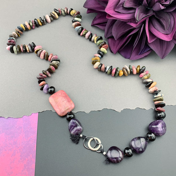 One Of A Kind Silk Knotted Tourmaline, Amethyst, Smokey Quartz and Rhodonite Gemstone Candy Necklace