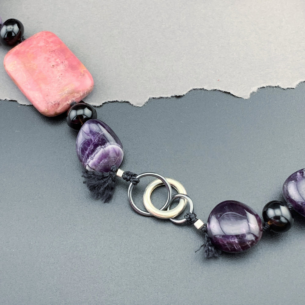 One Of A Kind Silk Knotted Tourmaline, Amethyst, Smokey Quartz and Rhodonite Gemstone Candy Necklace