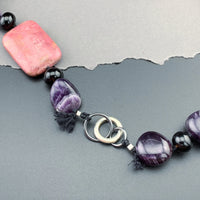 One Of A Kind Silk Knotted Tourmaline, Amethyst, Smokey Quartz and Rhodonite Gemstone Candy Necklace