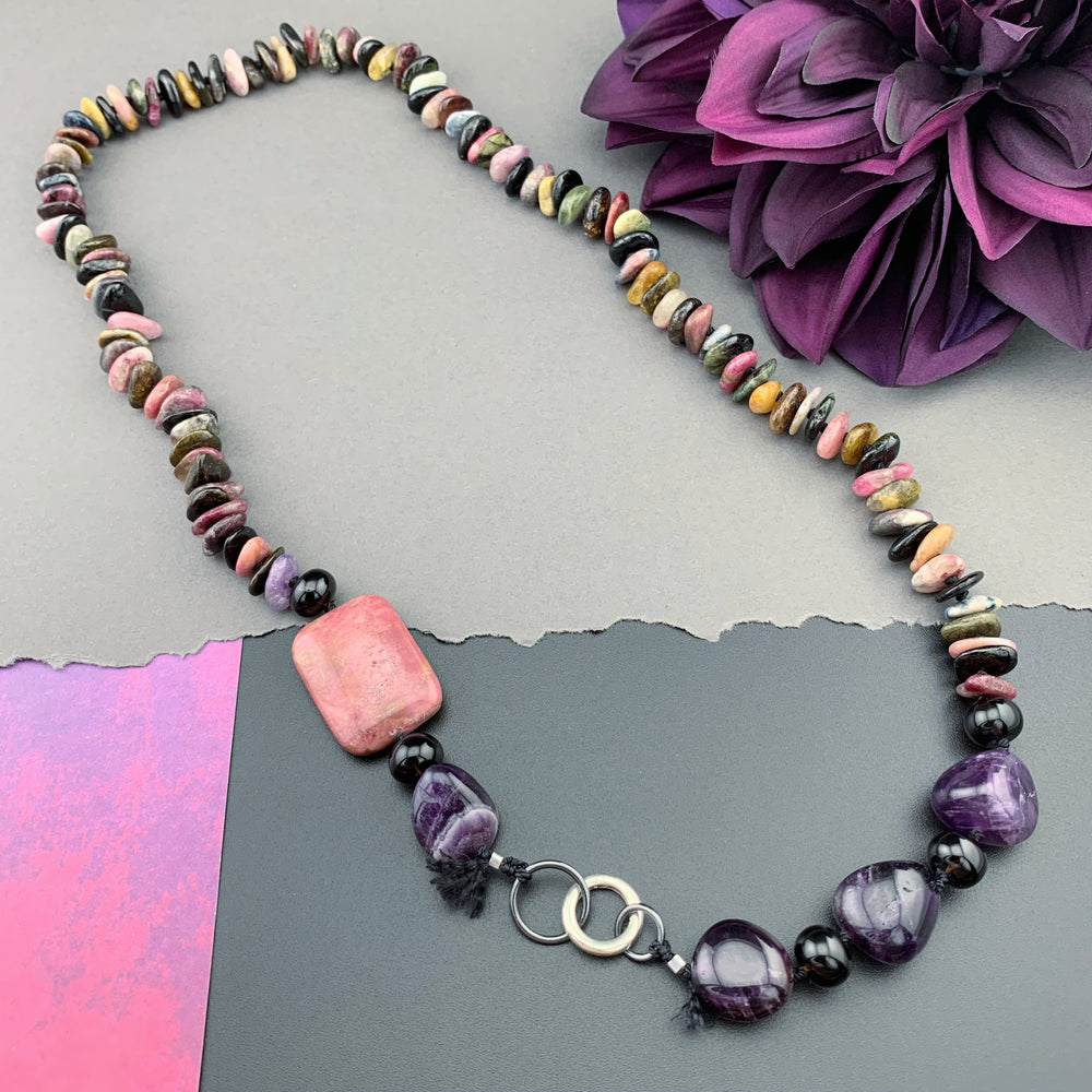 One Of A Kind Silk Knotted Tourmaline, Amethyst, Smokey Quartz and Rhodonite Gemstone Candy Necklace