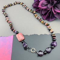 One Of A Kind Silk Knotted Tourmaline, Amethyst, Smokey Quartz and Rhodonite Gemstone Candy Necklace