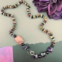 One Of A Kind Silk Knotted Tourmaline, Amethyst, Smokey Quartz and Rhodonite Gemstone Candy Necklace
