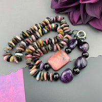 One Of A Kind Silk Knotted Tourmaline, Amethyst, Smokey Quartz and Rhodonite Gemstone Candy Necklace