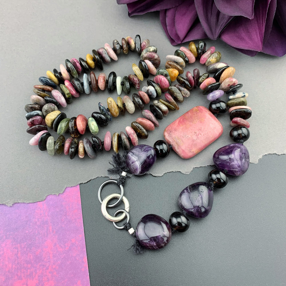 One Of A Kind Silk Knotted Tourmaline, Amethyst, Smokey Quartz and Rhodonite Gemstone Candy Necklace