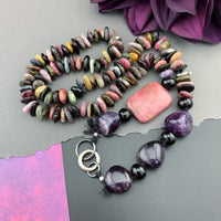 One Of A Kind Silk Knotted Tourmaline, Amethyst, Smokey Quartz and Rhodonite Gemstone Candy Necklace