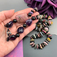 One Of A Kind Silk Knotted Tourmaline, Amethyst, Smokey Quartz and Rhodonite Gemstone Candy Necklace