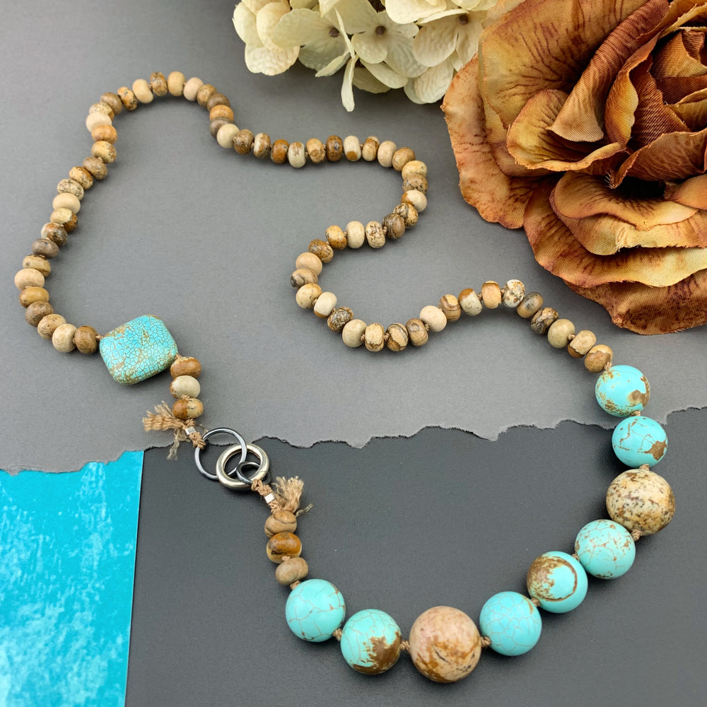 One Of A Kind Silk Knotted Picture Jasper and Turquoise Gemstone Candy Necklace