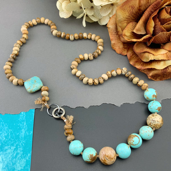 One Of A Kind Silk Knotted Picture Jasper and Turquoise Gemstone Candy Necklace