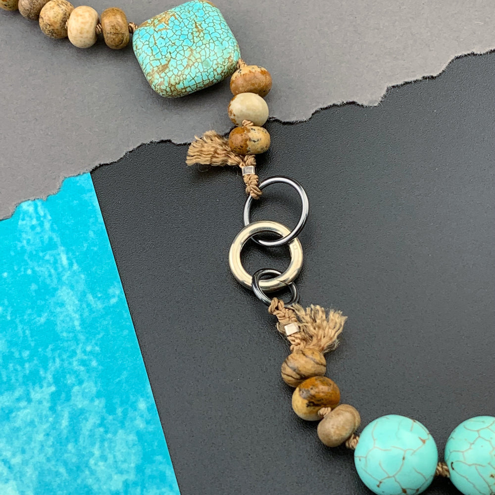 One Of A Kind Silk Knotted Picture Jasper and Turquoise Gemstone Candy Necklace