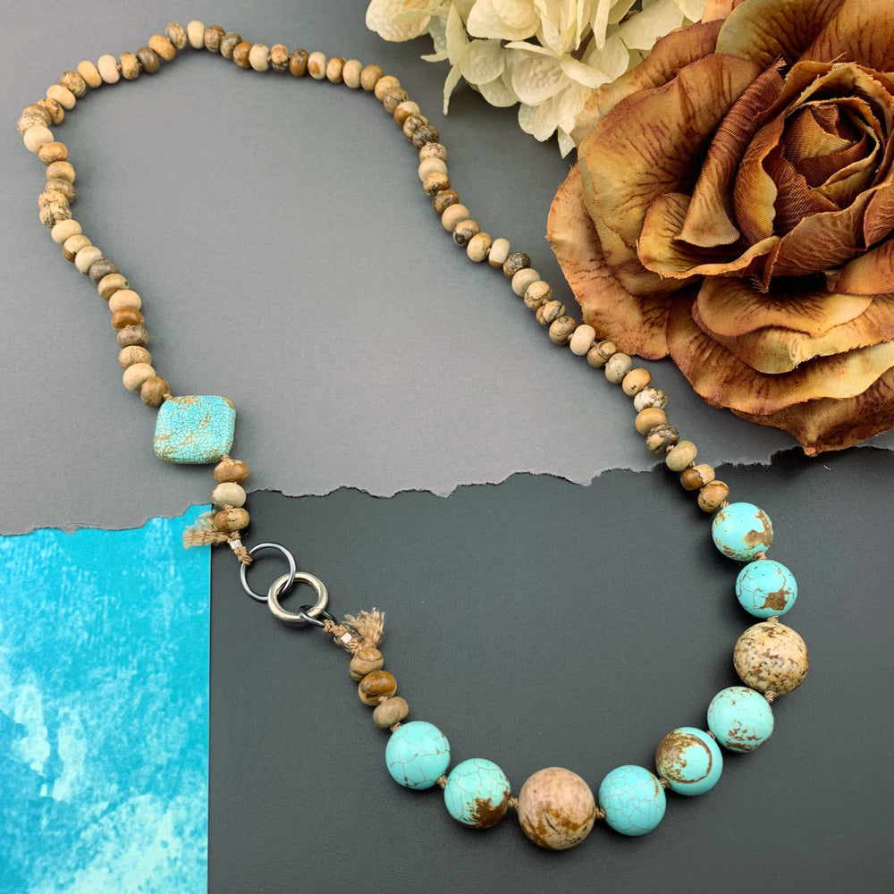 One Of A Kind Silk Knotted Picture Jasper and Turquoise Gemstone Candy Necklace