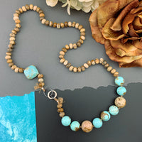 One Of A Kind Silk Knotted Picture Jasper and Turquoise Gemstone Candy Necklace
