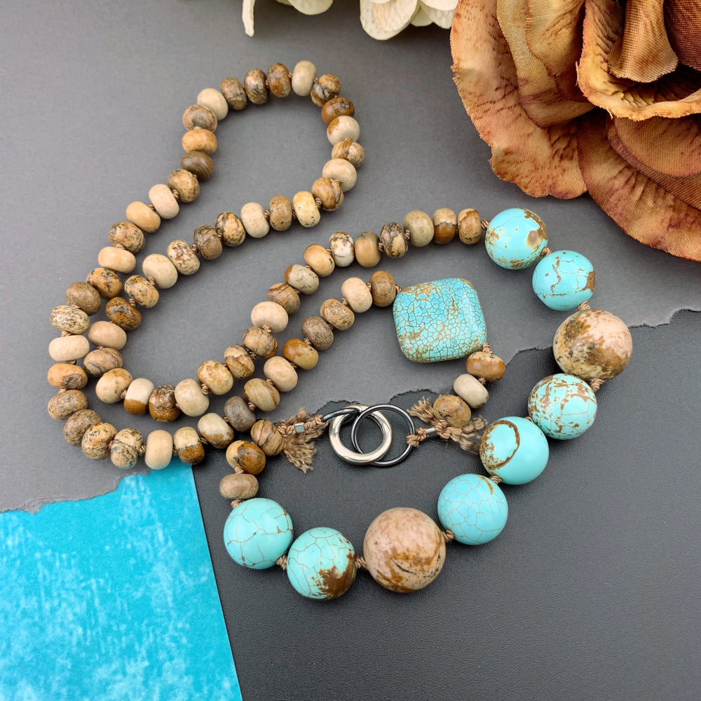 One Of A Kind Silk Knotted Picture Jasper and Turquoise Gemstone Candy Necklace