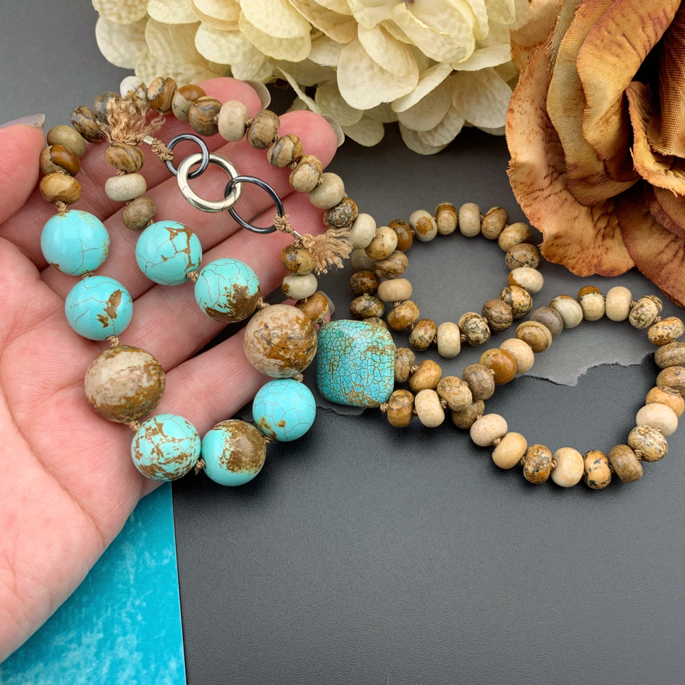 One Of A Kind Silk Knotted Picture Jasper and Turquoise Gemstone Candy Necklace