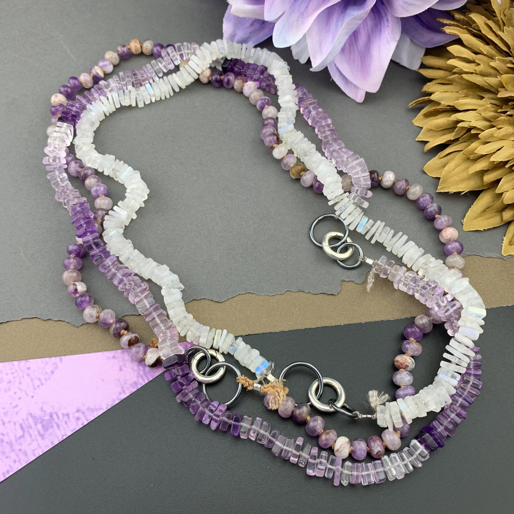 Radiant Necklace - Rainbow Moonstone Square Heishi Gemstone Candy Necklace