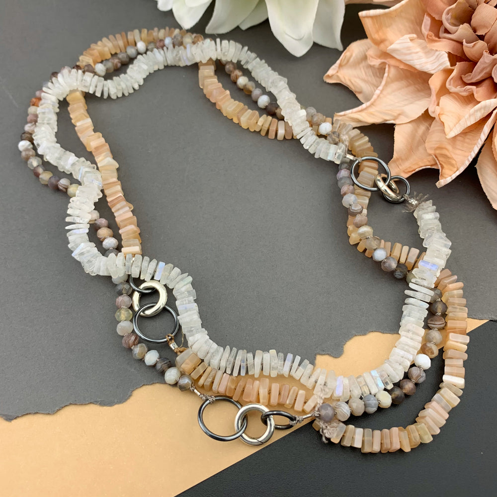 Radiant Necklace - Rainbow Moonstone Square Heishi Gemstone Candy Necklace