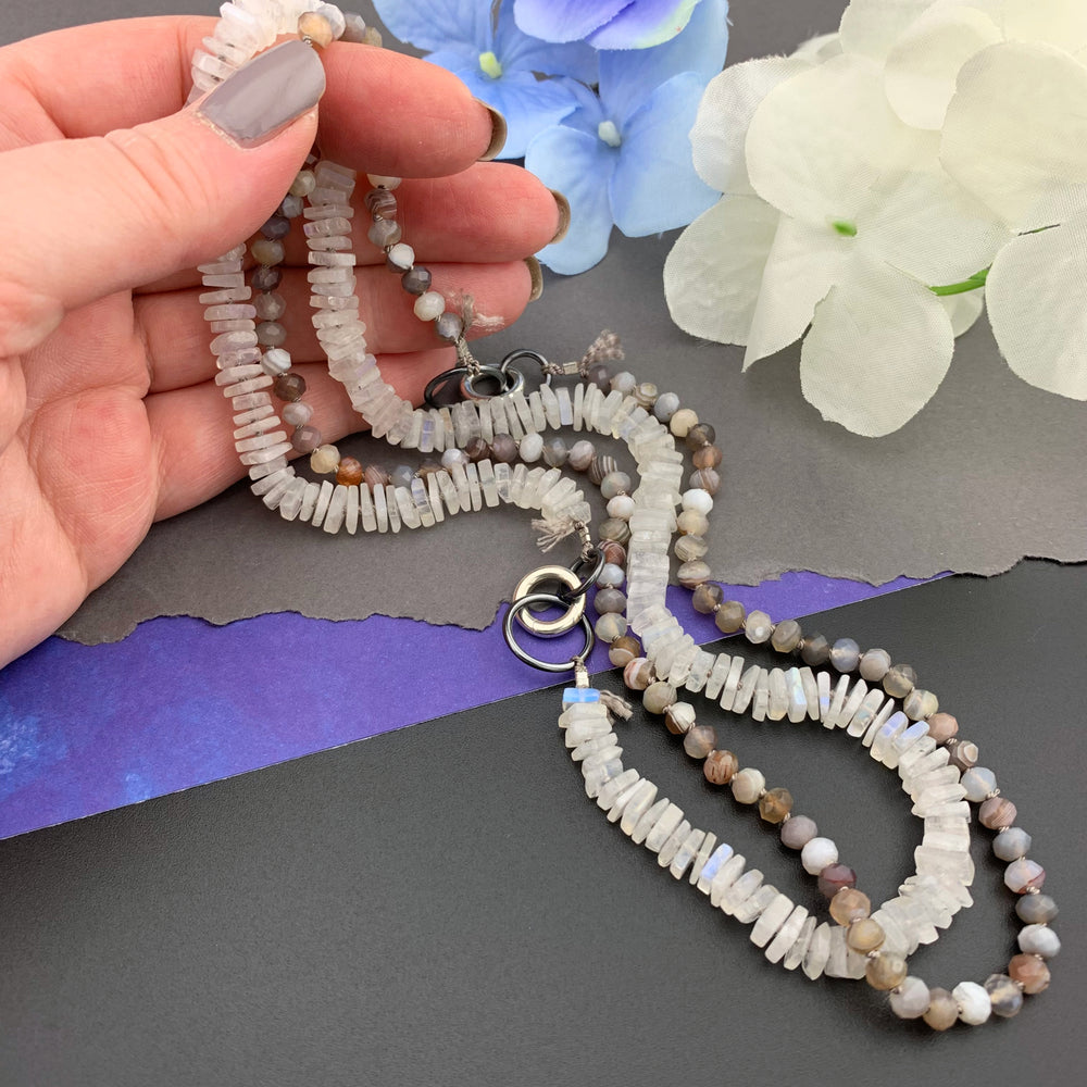 Radiant Necklace - Rainbow Moonstone Square Heishi Gemstone Candy Necklace