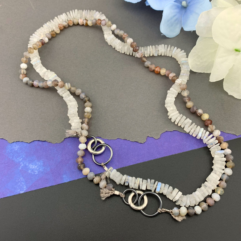Radiant Necklace - Rainbow Moonstone Square Heishi Gemstone Candy Necklace