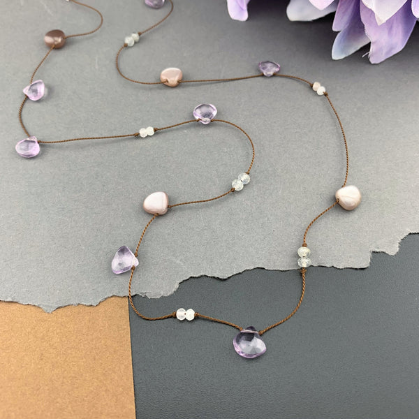 One Of A Kind Radiant Layering Necklace - Chocolate Moonstone, Amethyst, Rose Quartz, Labradorite