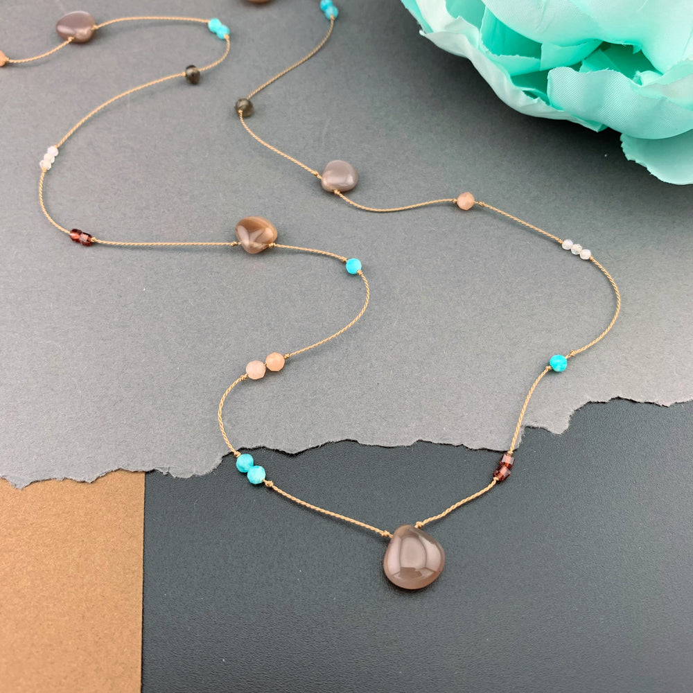 One Of A Kind Radiant Layering Necklace - Chocolate Moonstone, Garnet, Peach Moonstone, Rainbow Moonstone, Smokey Quartz, Amazonite