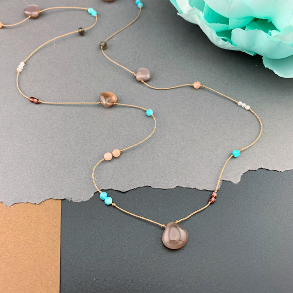 One Of A Kind Radiant Layering Necklace - Chocolate Moonstone, Garnet, Peach Moonstone, Rainbow Moonstone, Smokey Quartz, Amazonite